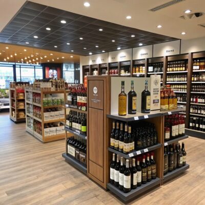 A unique, eye-catching retail display with bold colors and shapes in a busy store